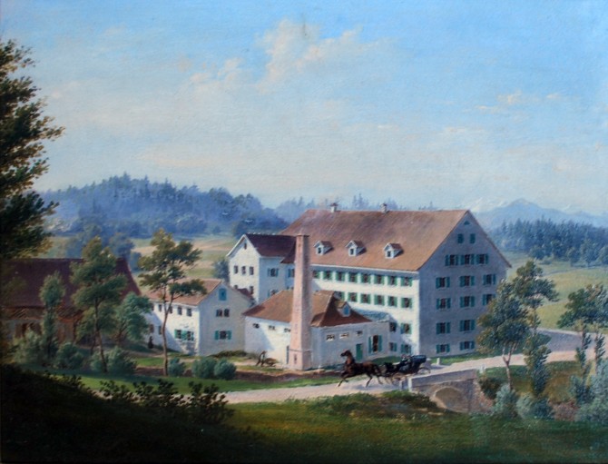 Älteste Textilfabrik im Bezirk Affoltern in Zwillikon, gegründet 1827, Ansicht von 1872